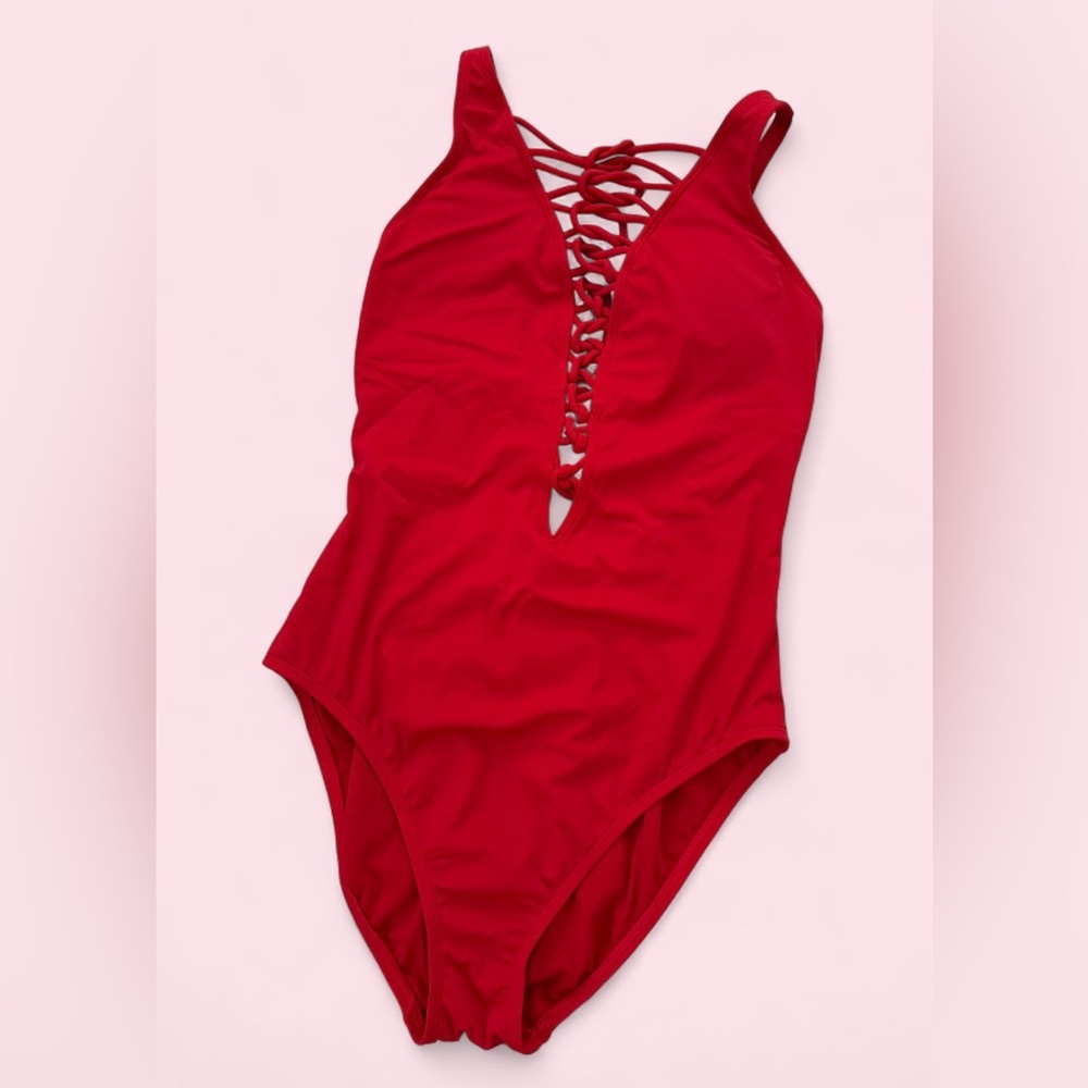 Plunge Lace-Up Red One-Piece Swimsuit